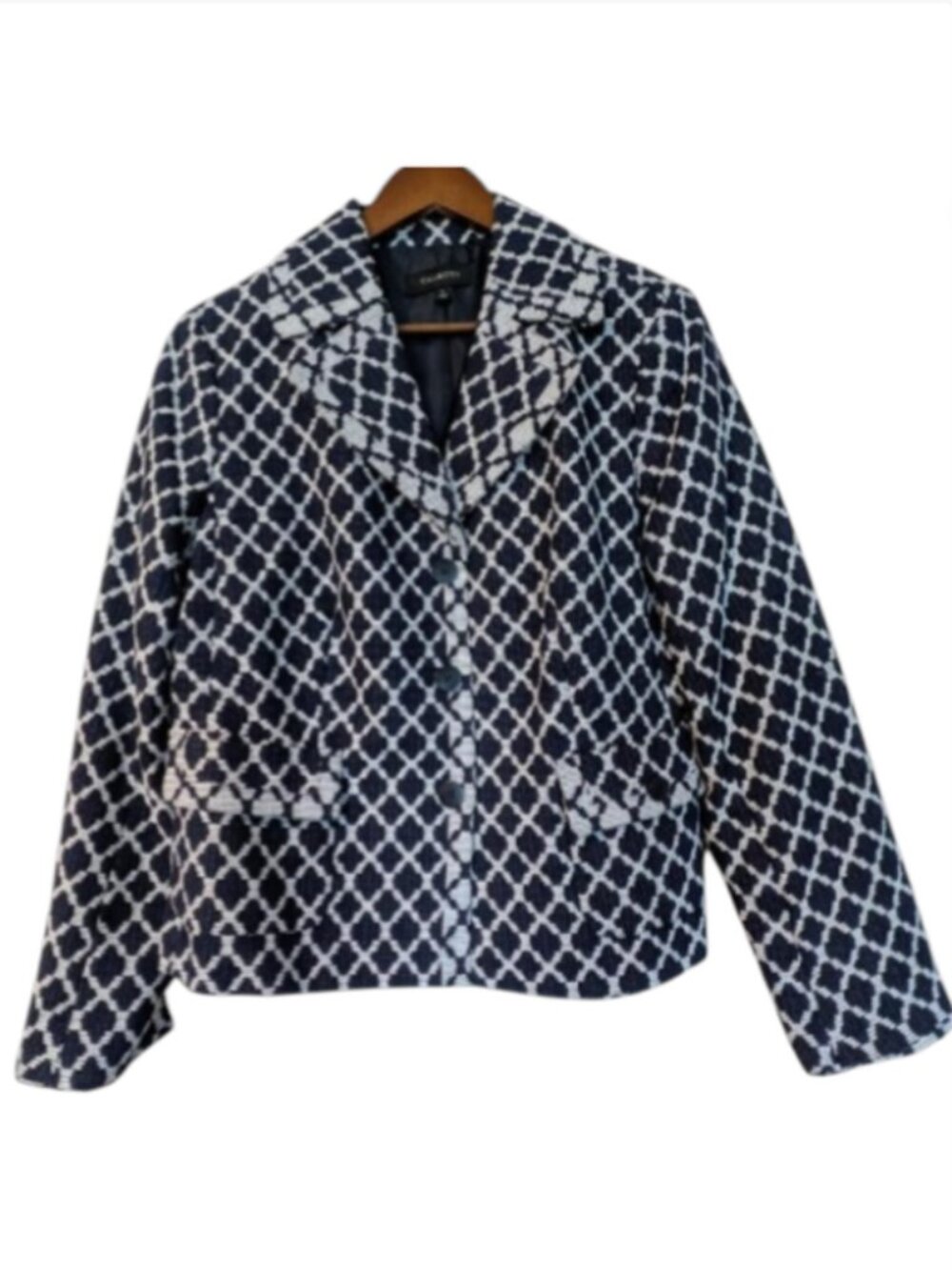 Talbots Navy White Diamond Print Blazer Cotton Career Jacket Preppy Chic 14